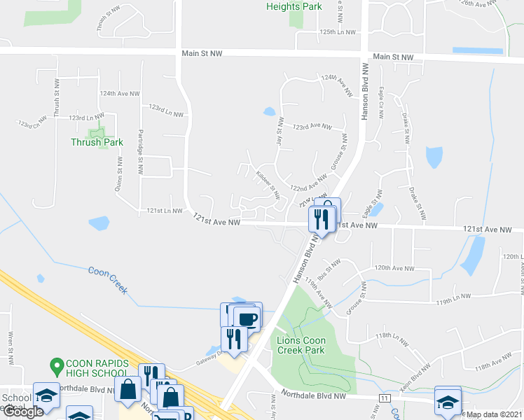 map of restaurants, bars, coffee shops, grocery stores, and more near 1830 121st Lane Northwest in Coon Rapids