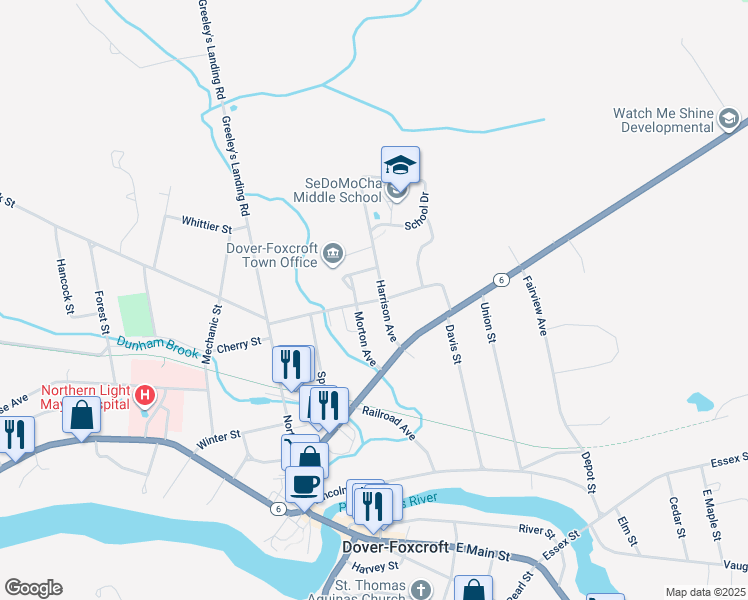 map of restaurants, bars, coffee shops, grocery stores, and more near 97 Autumn Avenue in Dover-Foxcroft