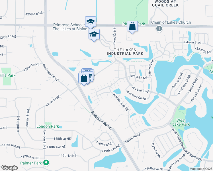 map of restaurants, bars, coffee shops, grocery stores, and more near 2495 121st Circle Northeast in Blaine