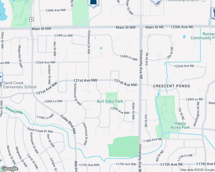 map of restaurants, bars, coffee shops, grocery stores, and more near 12081 Evergreen Street Northwest in Minneapolis