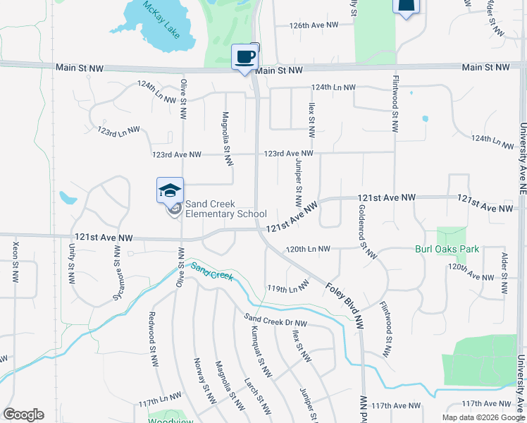 map of restaurants, bars, coffee shops, grocery stores, and more near 12143 Foley Boulevard in Minneapolis