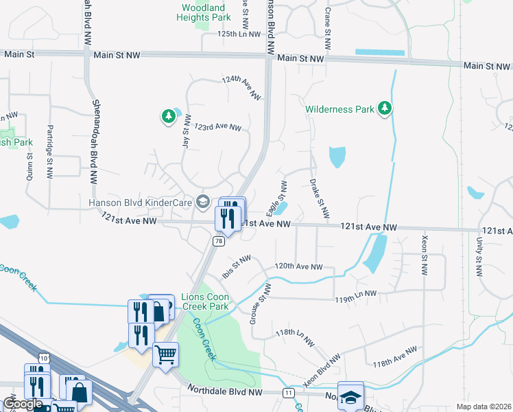 map of restaurants, bars, coffee shops, grocery stores, and more near 12101 Grouse Street Northwest in Minneapolis