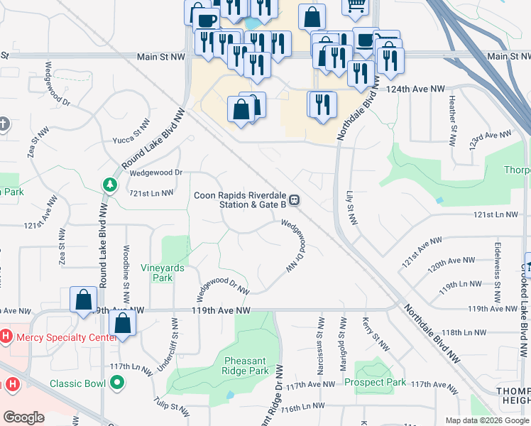 map of restaurants, bars, coffee shops, grocery stores, and more near 12033 Wedgewood Drive Northwest in Coon Rapids