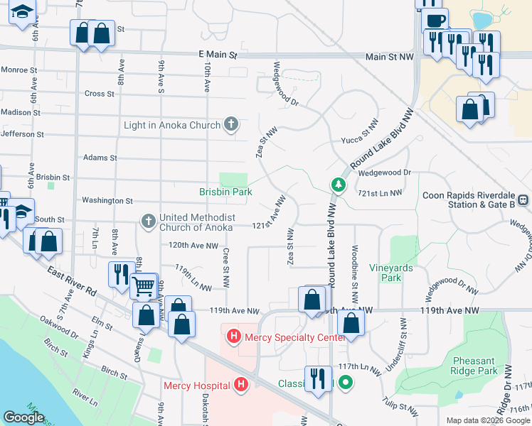 map of restaurants, bars, coffee shops, grocery stores, and more near 3971 121st Avenue Northwest in Coon Rapids