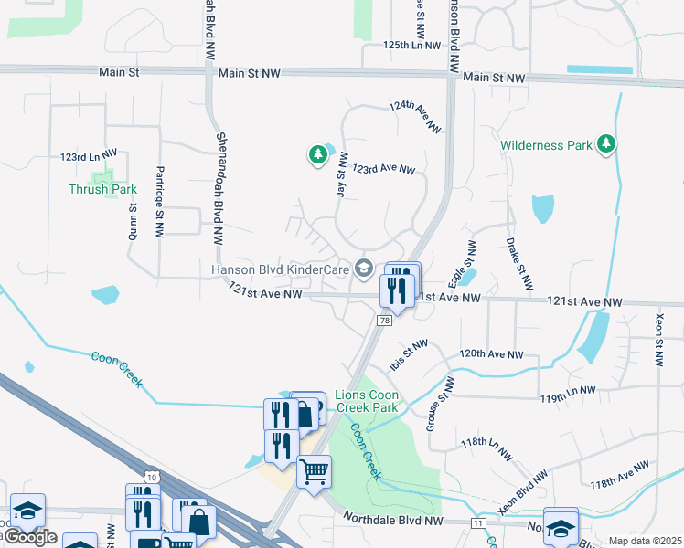 map of restaurants, bars, coffee shops, grocery stores, and more near 12121 Killdeer Street Northwest in Minneapolis