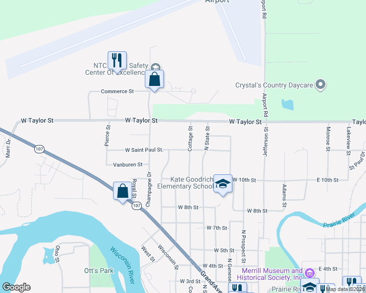 map of restaurants, bars, coffee shops, grocery stores, and more near 1104 Cottage Street in Merrill
