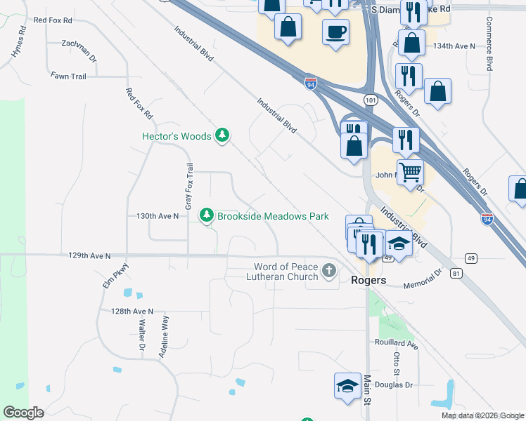 map of restaurants, bars, coffee shops, grocery stores, and more near 13027 Brookside Lane North in Rogers