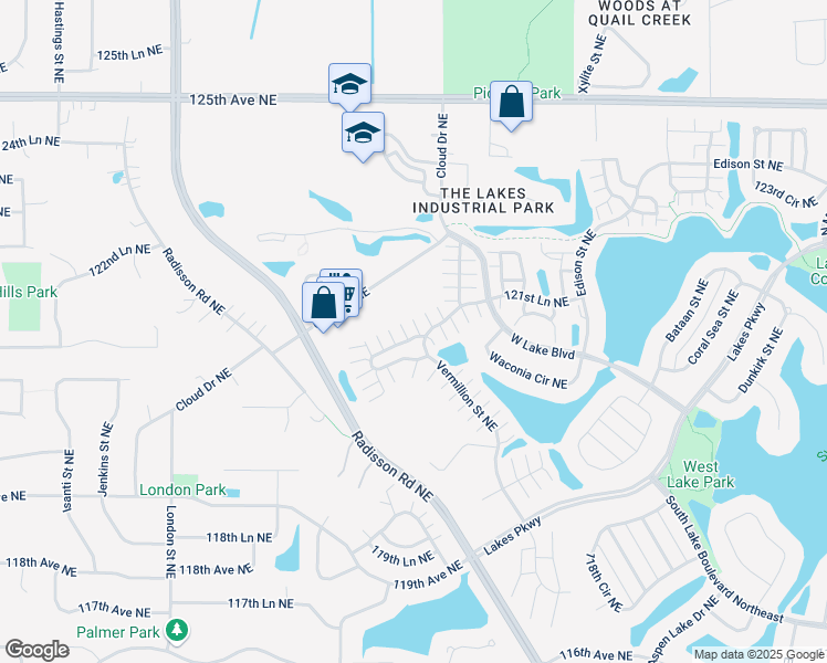 map of restaurants, bars, coffee shops, grocery stores, and more near 2495 121st Circle Northeast in Blaine