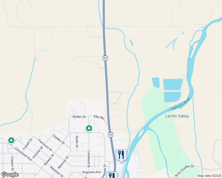 map of restaurants, bars, coffee shops, grocery stores, and more near 1062 U.S. 93 in Salmon