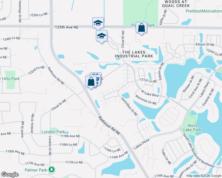 map of restaurants, bars, coffee shops, grocery stores, and more near 2406 121st Circle Northeast in Blaine