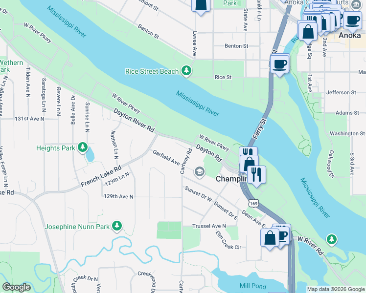 map of restaurants, bars, coffee shops, grocery stores, and more near 310 Goodrich Avenue North in Champlin