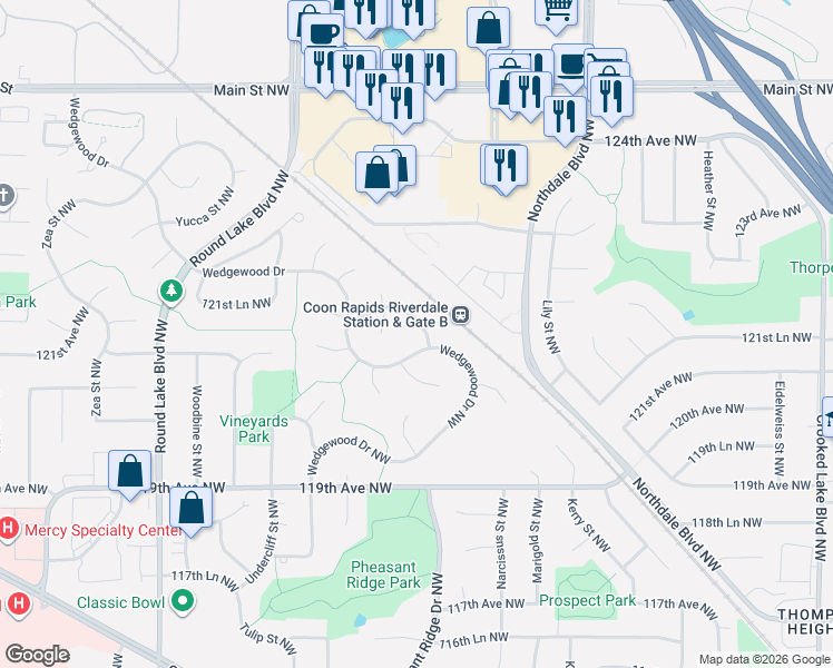 map of restaurants, bars, coffee shops, grocery stores, and more near 12033 Wedgewood Drive Northwest in Coon Rapids