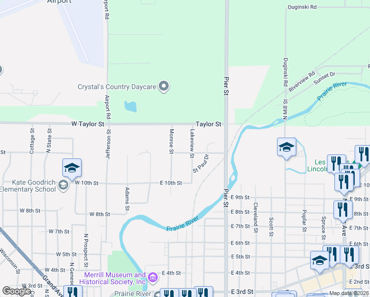 map of restaurants, bars, coffee shops, grocery stores, and more near 206 East Street Paul Street in Merrill