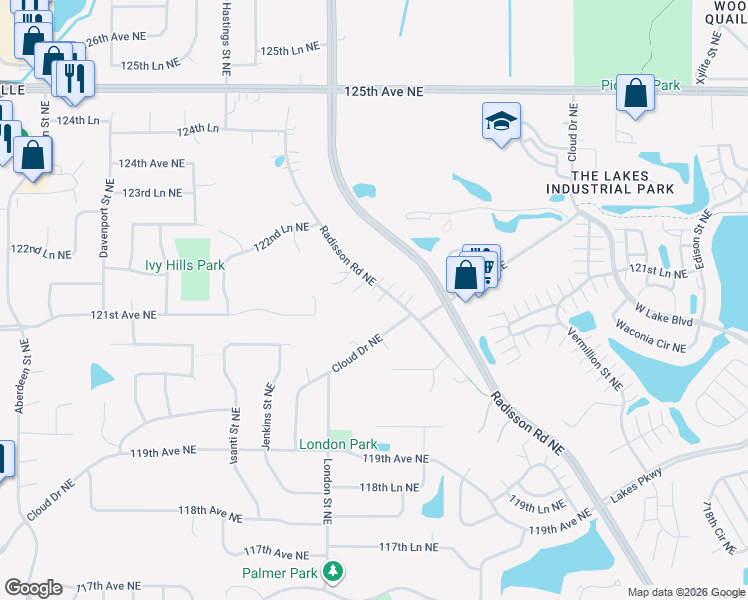 map of restaurants, bars, coffee shops, grocery stores, and more near 12116 Radisson Road Northeast in Blaine