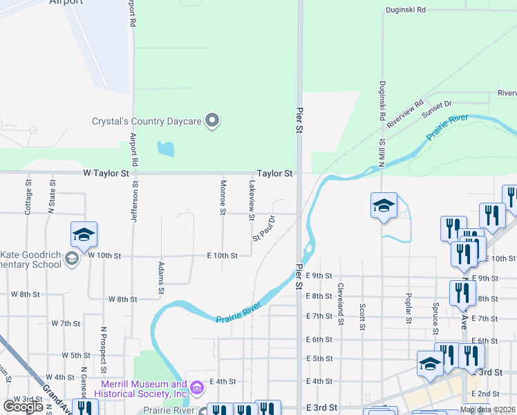 map of restaurants, bars, coffee shops, grocery stores, and more near 1010 Saint Paul Drive in Merrill