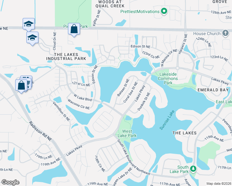map of restaurants, bars, coffee shops, grocery stores, and more near 12104 Bataan Street Northeast in Minneapolis