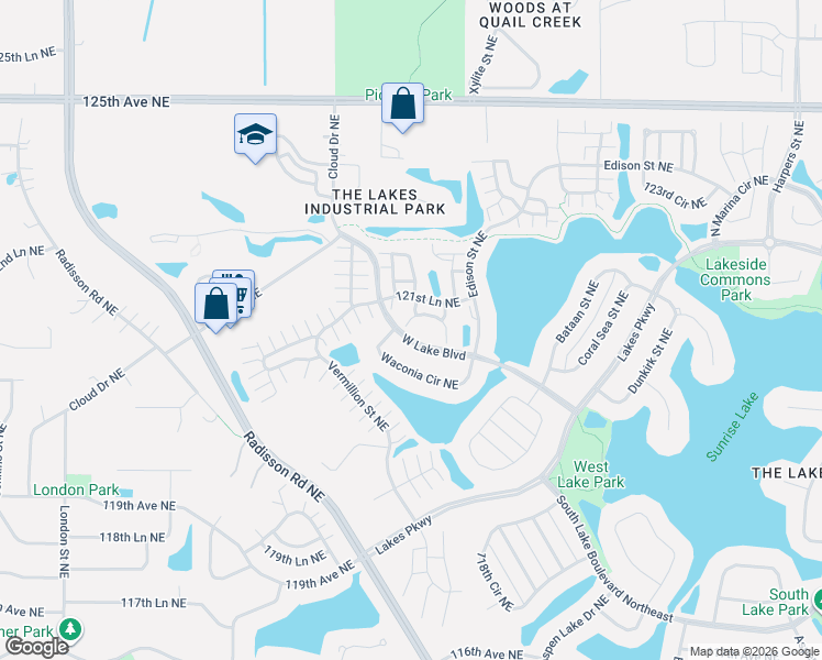 map of restaurants, bars, coffee shops, grocery stores, and more near 12102 Yancy Street Northeast in Blaine