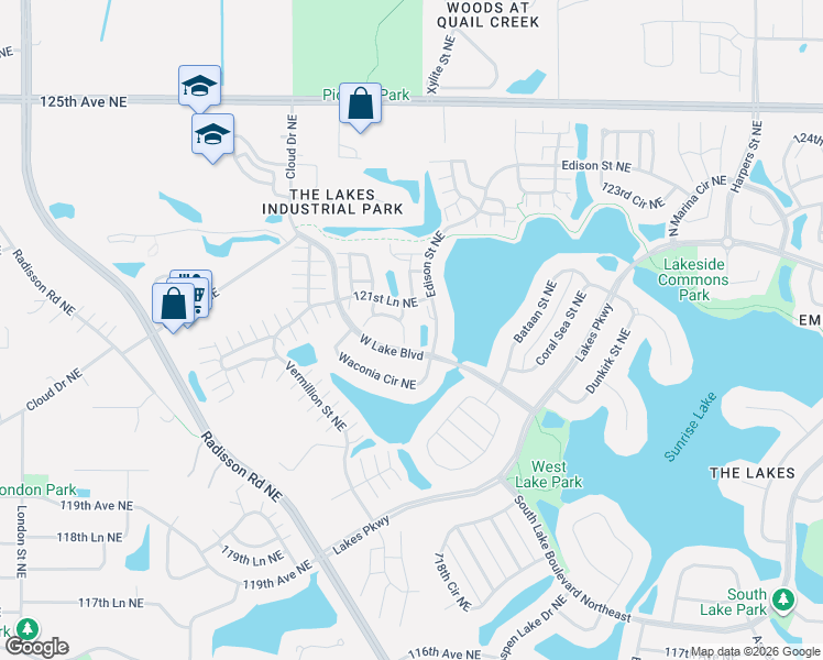 map of restaurants, bars, coffee shops, grocery stores, and more near 12105 Yancy Street Northeast in Blaine