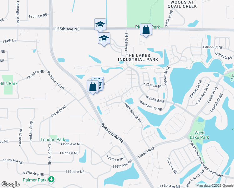 map of restaurants, bars, coffee shops, grocery stores, and more near 2495 121st Circle Northeast in Blaine