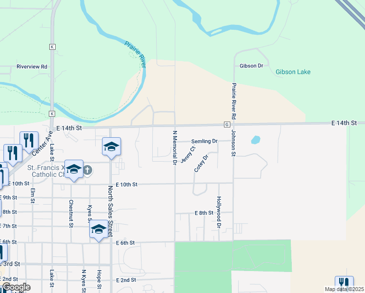 map of restaurants, bars, coffee shops, grocery stores, and more near 1201 North Memorial Drive in Merrill