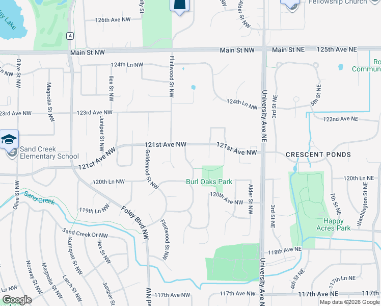 map of restaurants, bars, coffee shops, grocery stores, and more near 12081 Evergreen Street Northwest in Minneapolis