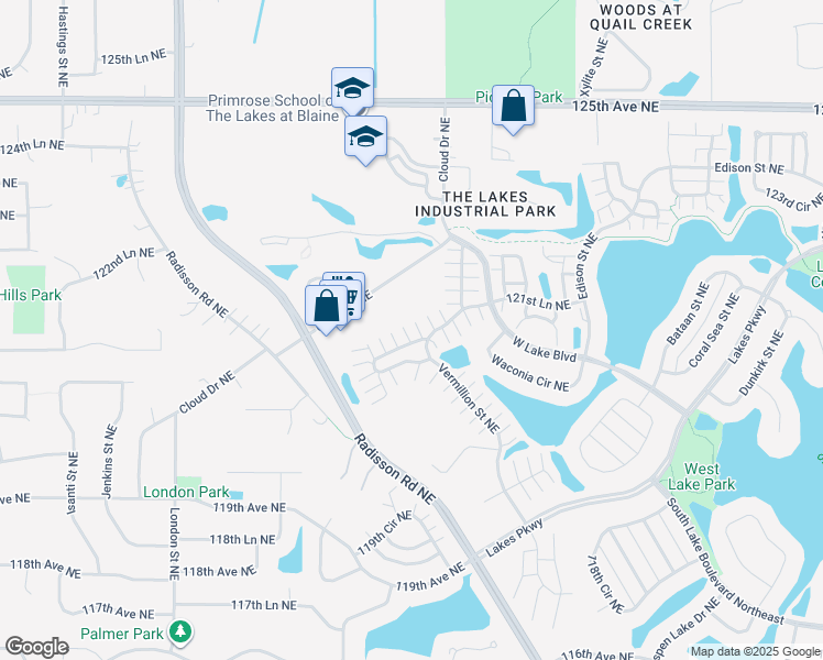 map of restaurants, bars, coffee shops, grocery stores, and more near 2495 121st Circle Northeast in Blaine