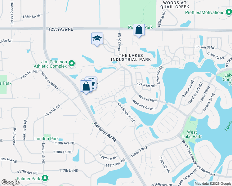 map of restaurants, bars, coffee shops, grocery stores, and more near 2406 121st Circle Northeast in Blaine