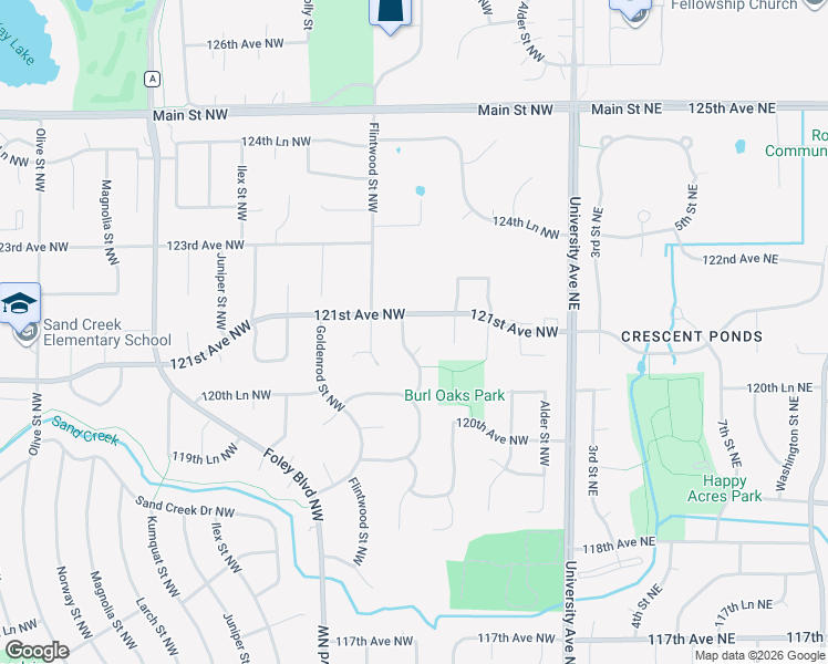 map of restaurants, bars, coffee shops, grocery stores, and more near 12081 Evergreen Street Northwest in Minneapolis