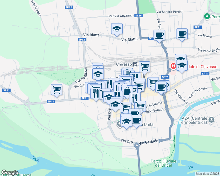 map of restaurants, bars, coffee shops, grocery stores, and more near 74C Via Torino in Chivasso