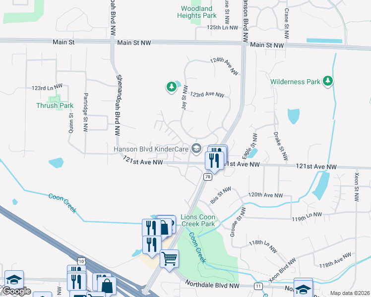 map of restaurants, bars, coffee shops, grocery stores, and more near 12111 Killdeer Street Northwest in Minneapolis