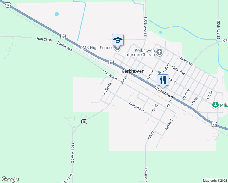 map of restaurants, bars, coffee shops, grocery stores, and more near 302 14th Street in Kerkhoven