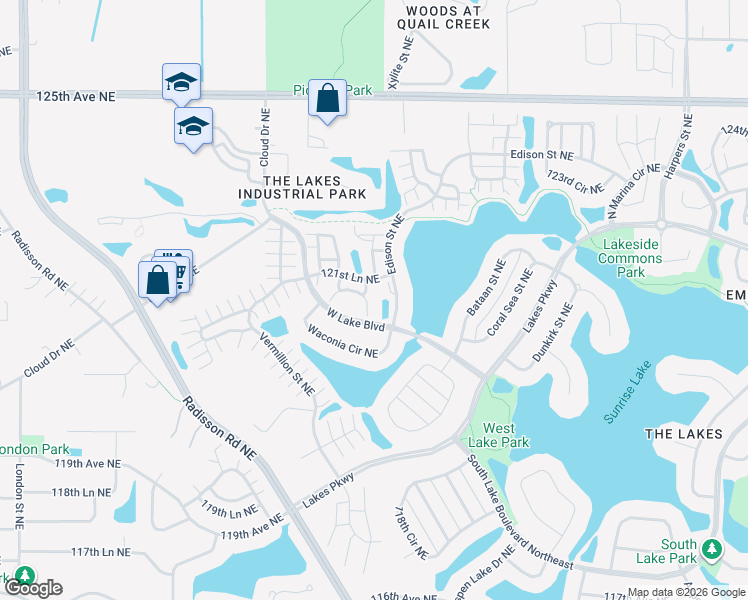map of restaurants, bars, coffee shops, grocery stores, and more near 12105 Yancy Street Northeast in Blaine