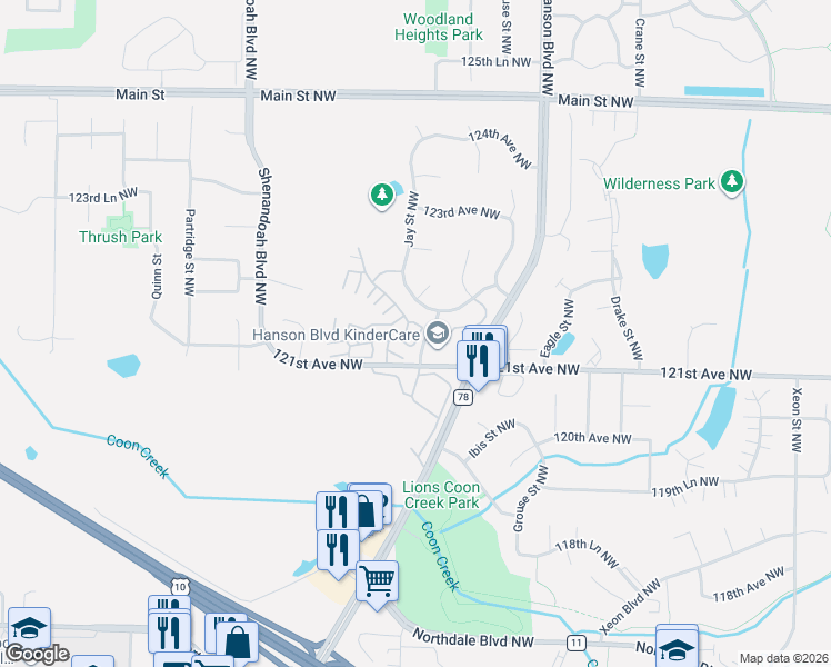 map of restaurants, bars, coffee shops, grocery stores, and more near 12111 Killdeer Street Northwest in Minneapolis