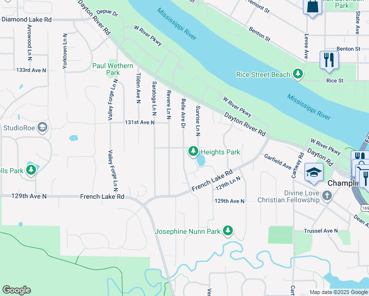 map of restaurants, bars, coffee shops, grocery stores, and more near 403 Belle Aire Drive in Champlin