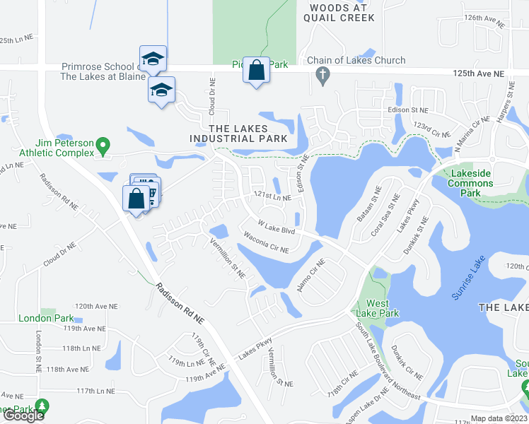 map of restaurants, bars, coffee shops, grocery stores, and more near 12111 Xylite Street Northeast in Blaine