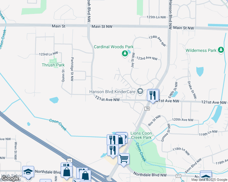 map of restaurants, bars, coffee shops, grocery stores, and more near 10021 Drake Street Northwest in Minneapolis