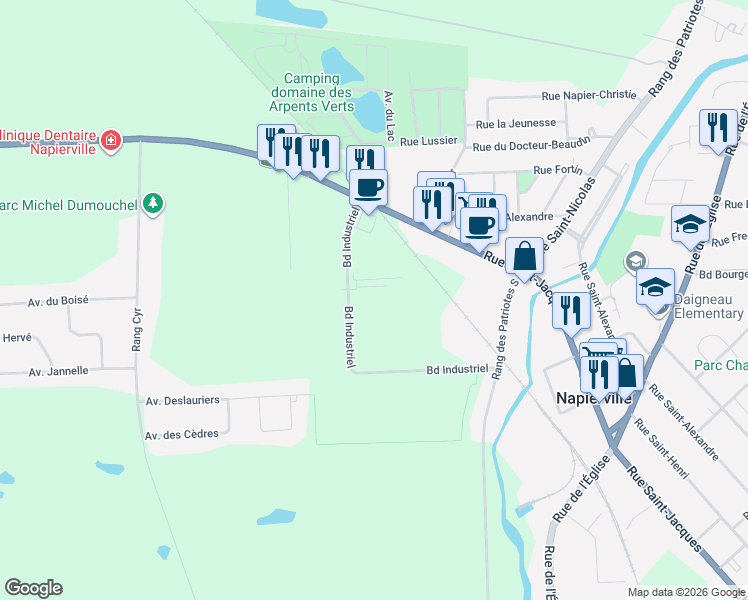 map of restaurants, bars, coffee shops, grocery stores, and more near 150 Boulevard Industriel in Napierville