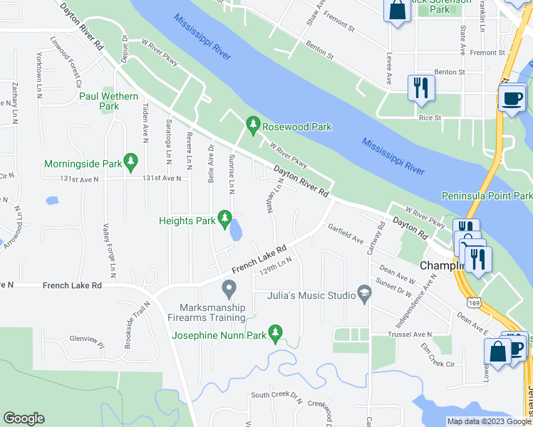 map of restaurants, bars, coffee shops, grocery stores, and more near 384 Nathan Lane North in Champlin