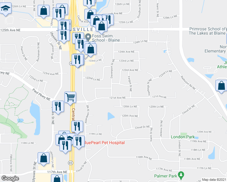 map of restaurants, bars, coffee shops, grocery stores, and more near 12117 Davenport Street Northeast in Blaine