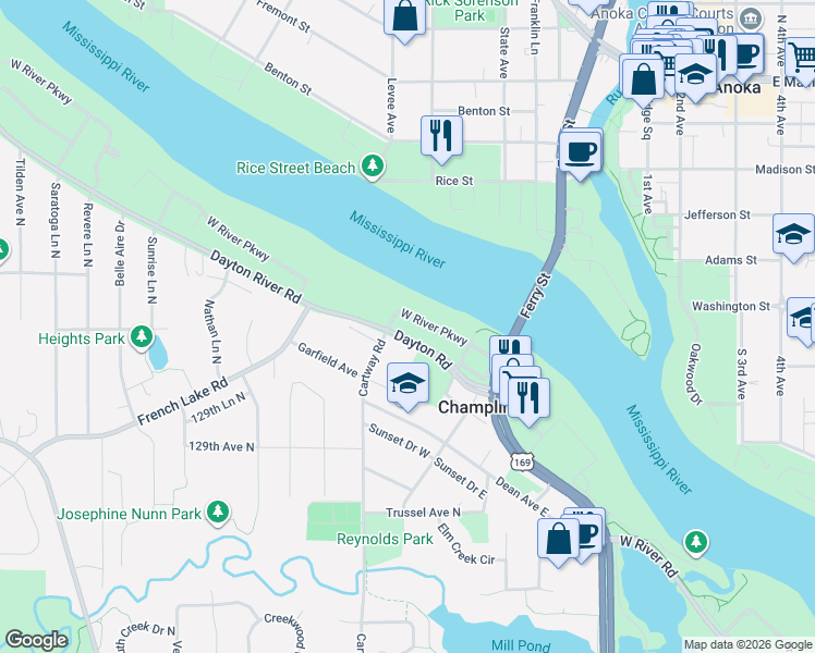 map of restaurants, bars, coffee shops, grocery stores, and more near 210 Dayton Road in Champlin