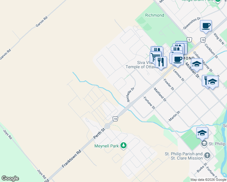 map of restaurants, bars, coffee shops, grocery stores, and more near 6295 Perth Street in Ottawa