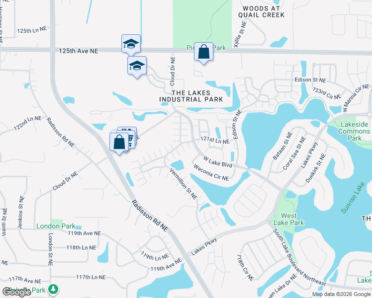 map of restaurants, bars, coffee shops, grocery stores, and more near 12185 Vermillion Street Northeast in Blaine