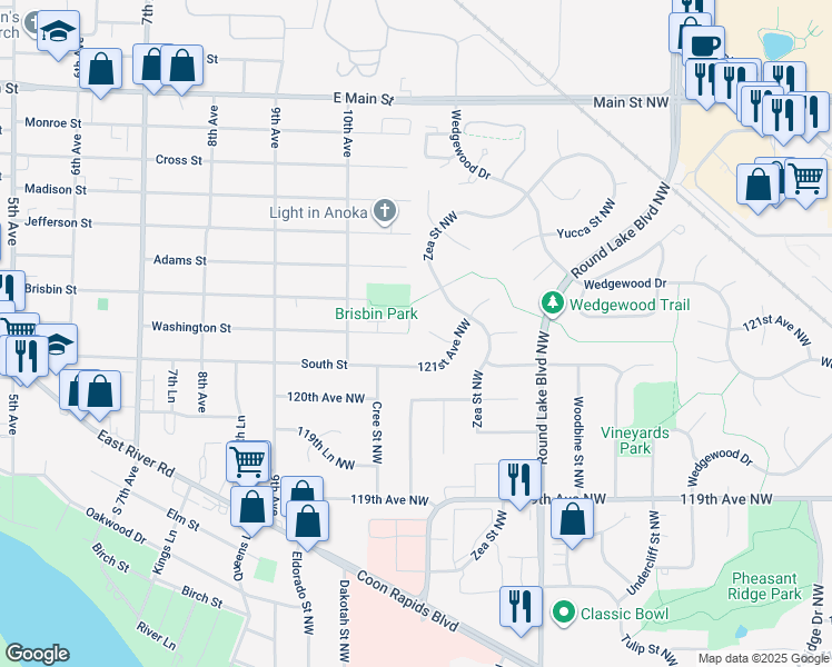 map of restaurants, bars, coffee shops, grocery stores, and more near 3971 121st Avenue Northwest in Coon Rapids
