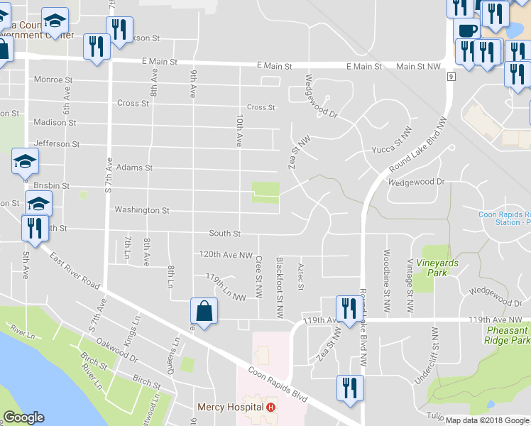 map of restaurants, bars, coffee shops, grocery stores, and more near 1035 Washington Street in Anoka