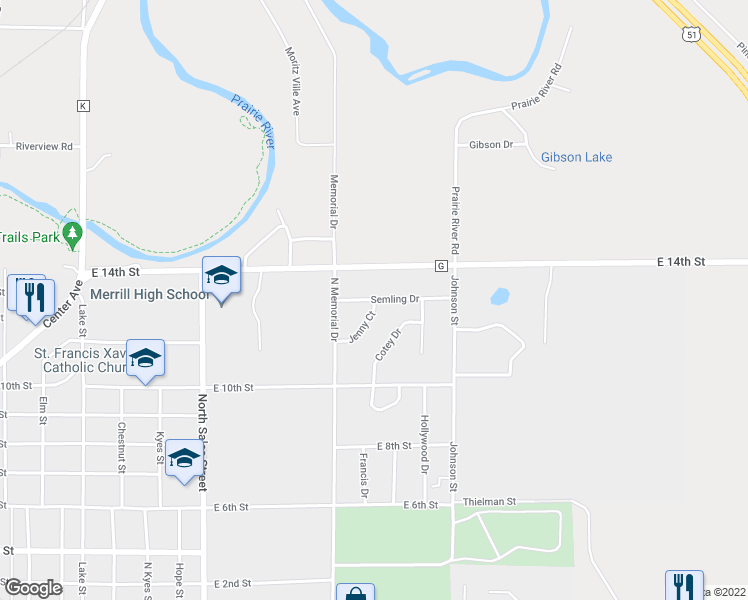 map of restaurants, bars, coffee shops, grocery stores, and more near 2400 Jenny Court in Merrill