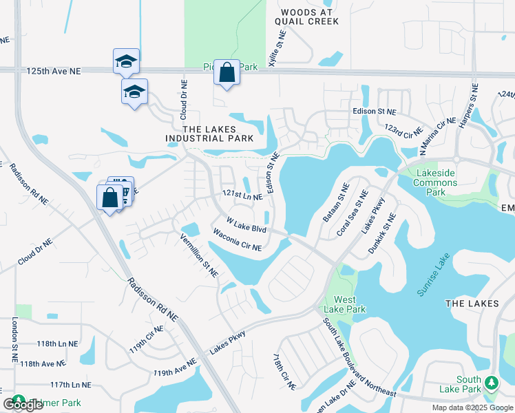 map of restaurants, bars, coffee shops, grocery stores, and more near 12105 Yancy Street Northeast in Blaine