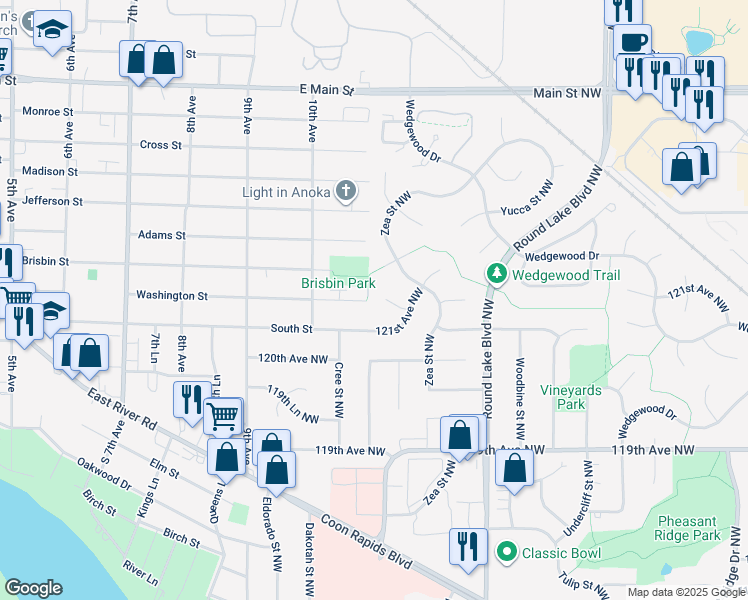 map of restaurants, bars, coffee shops, grocery stores, and more near 3971 121st Avenue Northwest in Coon Rapids