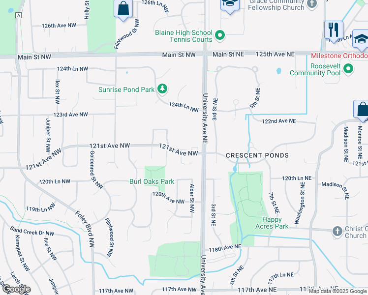 map of restaurants, bars, coffee shops, grocery stores, and more near 15 121st Avenue Northwest in Minneapolis