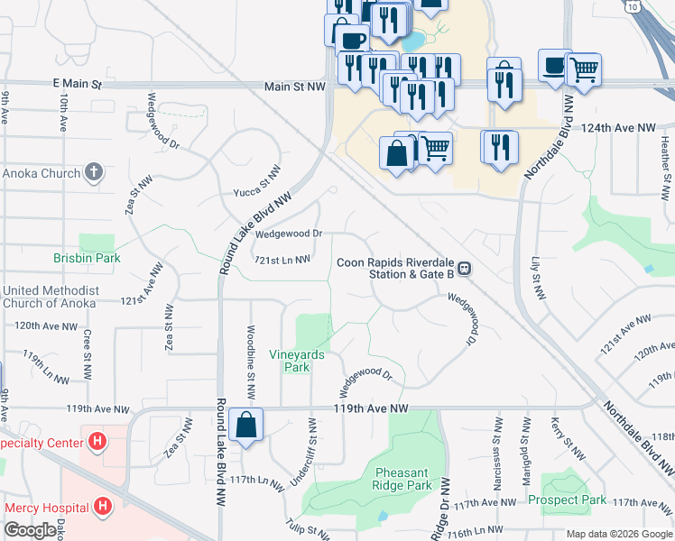 map of restaurants, bars, coffee shops, grocery stores, and more near 3535 121st Avenue Northwest in Coon Rapids