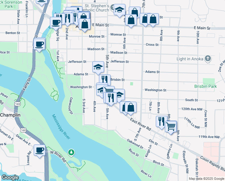 map of restaurants, bars, coffee shops, grocery stores, and more near 514 Brisbin Street in Anoka